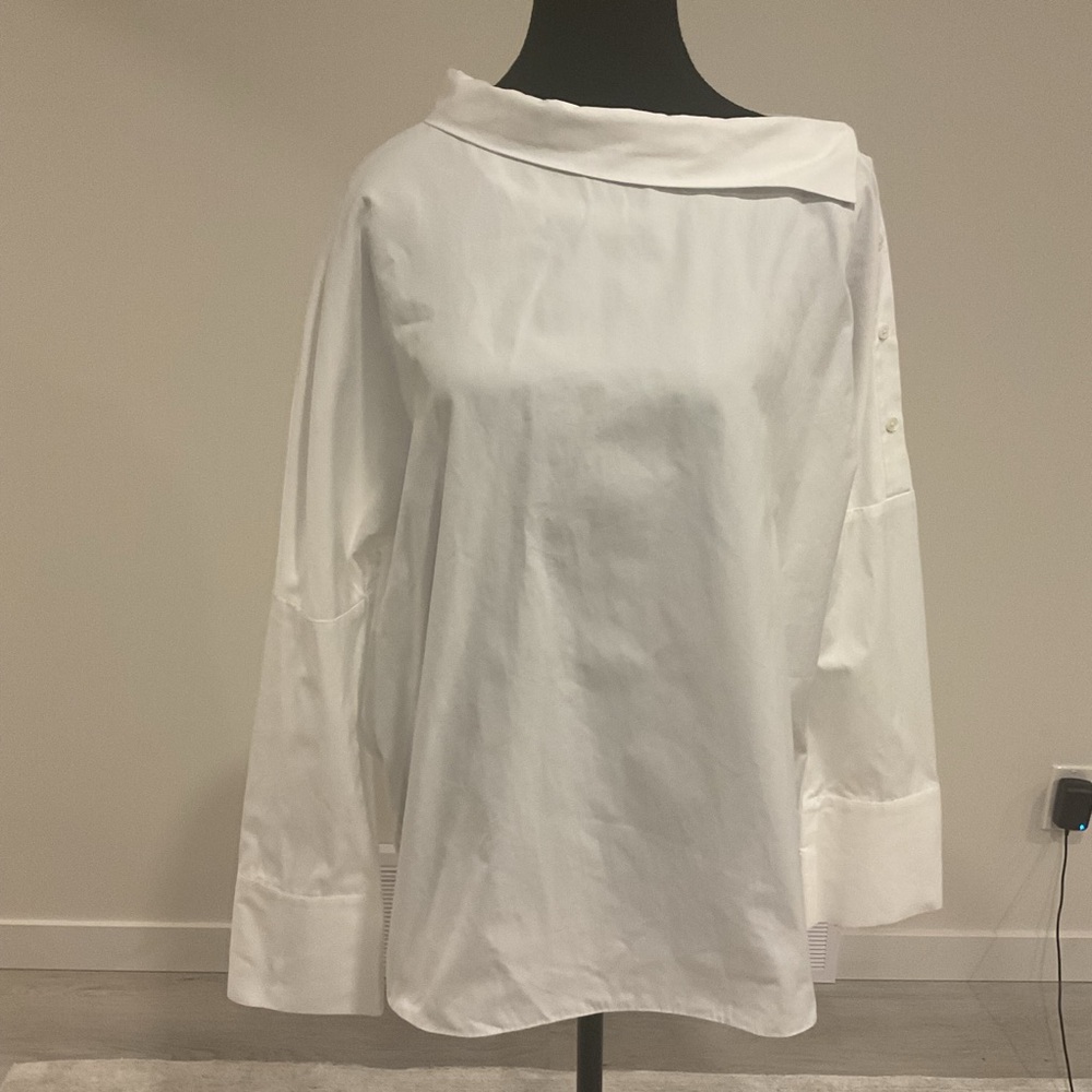 BABATON White Tunic With Asymmetrical Buttoned Neck & Shoulder.